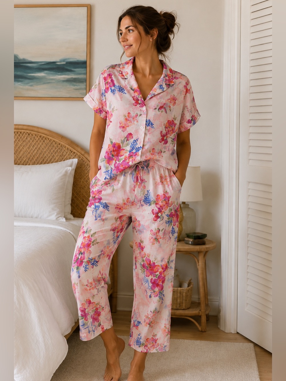 Ralph Lauren Women’s 2 Piece Pajama Set Pink Floral Sleepwear NWT